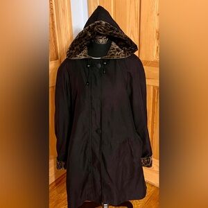 Halston Lifestyle SZ 12 Vintage Black Hooded Trench Rain Coat with Leopard Trim